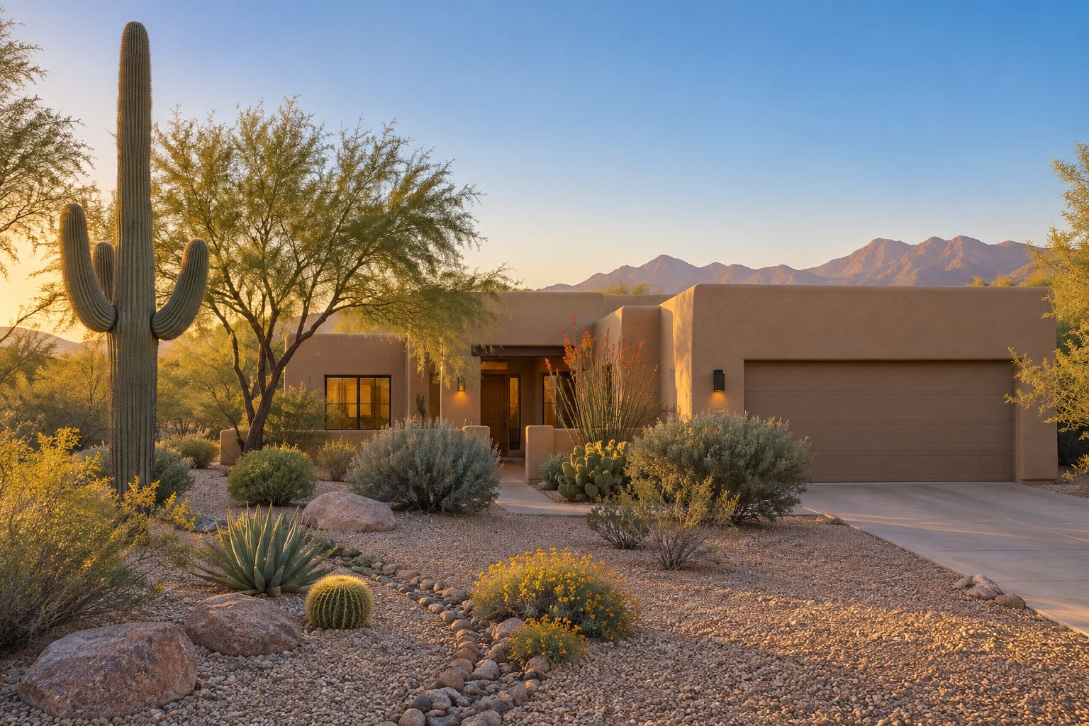An Arizona desert home on a quiet Tucson area street, illustrative