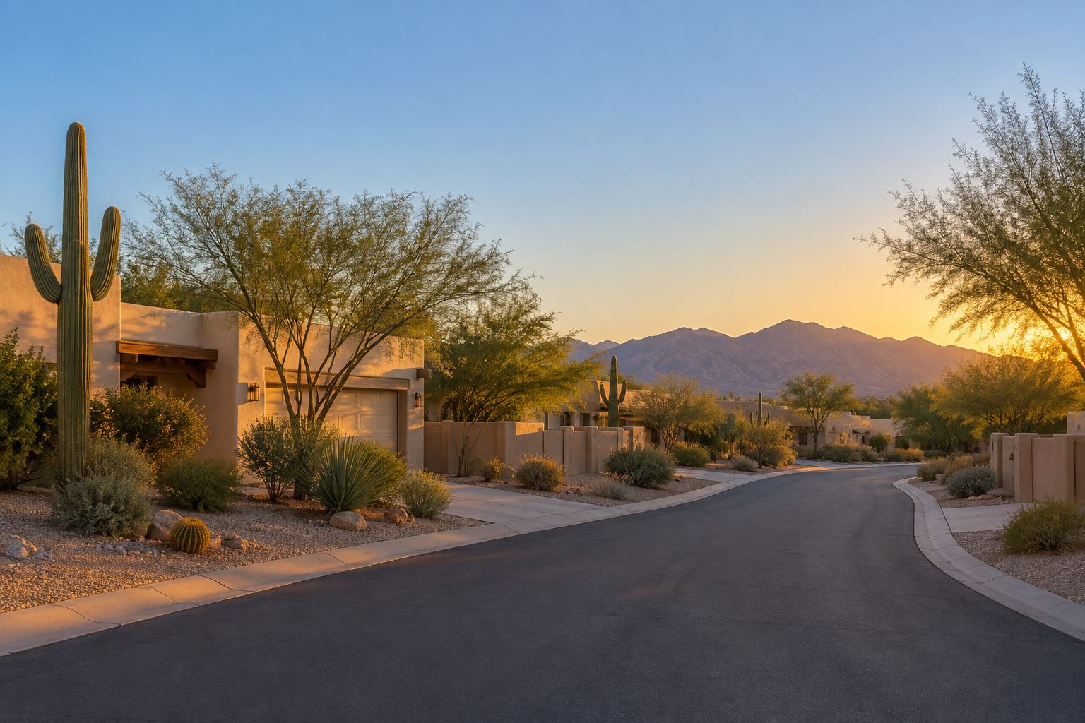 A Tucson residential street at sunset, illustrative