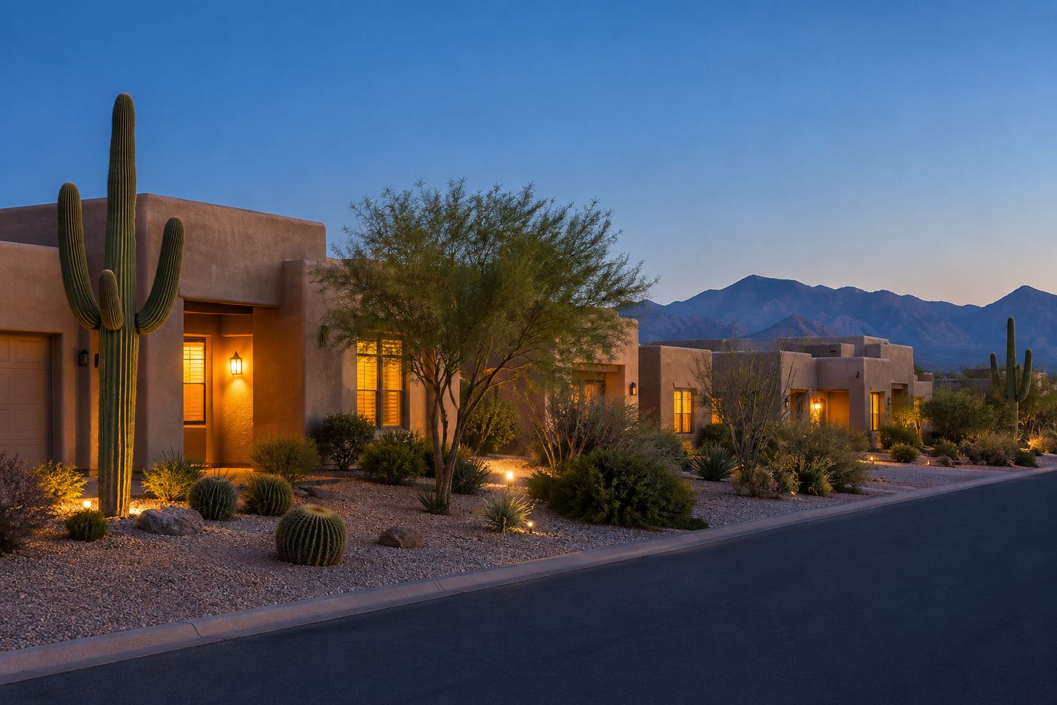 Desert homes at dusk, illustrative