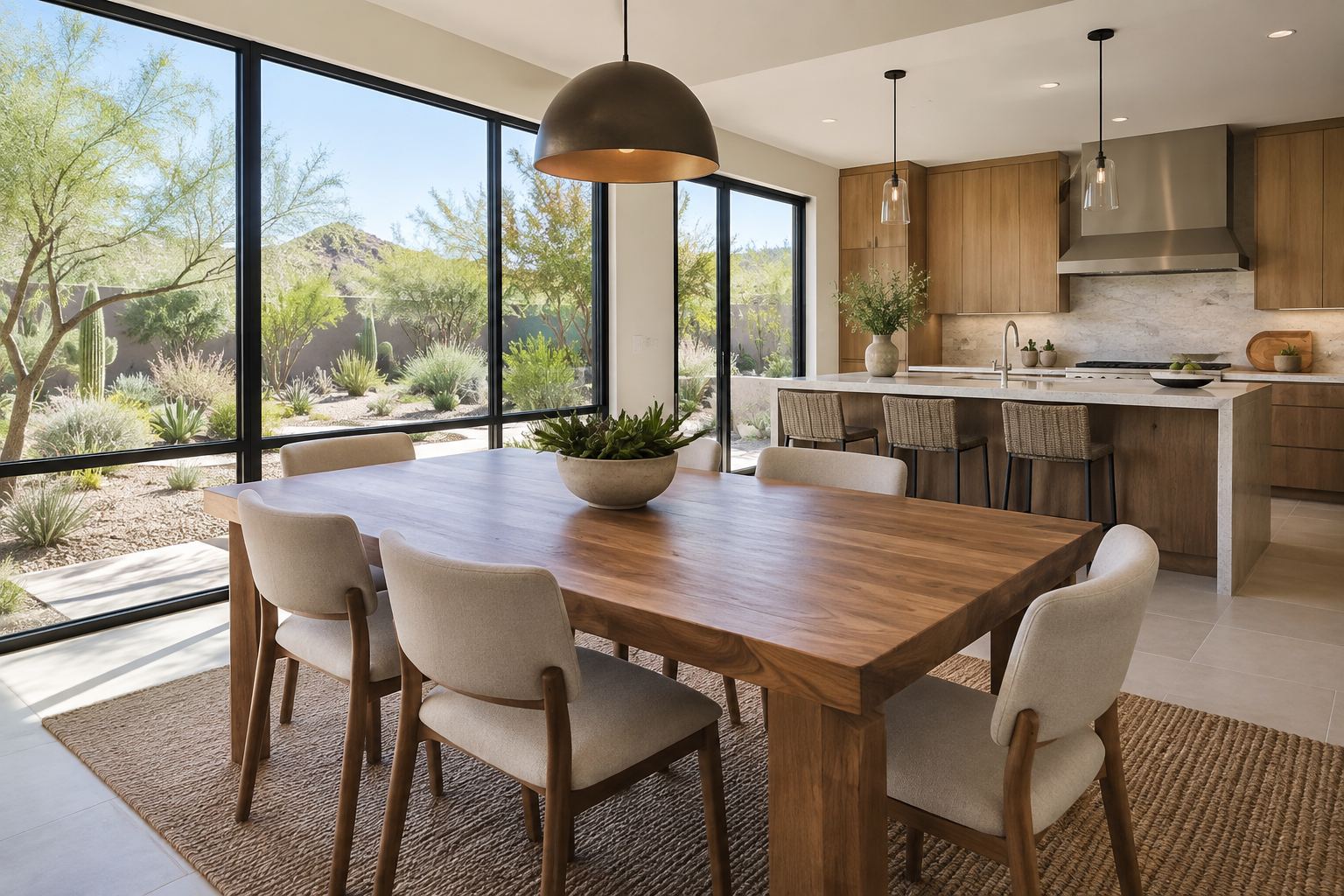 A bright dining room with desert views, illustrative